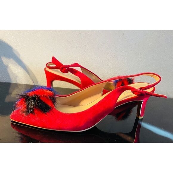 Franco Sarto Suede Slingback Heels Size 8.5 M NWT 3" Heel Red With Faux Fur Poof - Picture 11 of 11